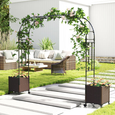 6.6 FT Garden Arch Trellis with 2 Planter Boxes, Outdoor Arbor Archway for Climbing Plants