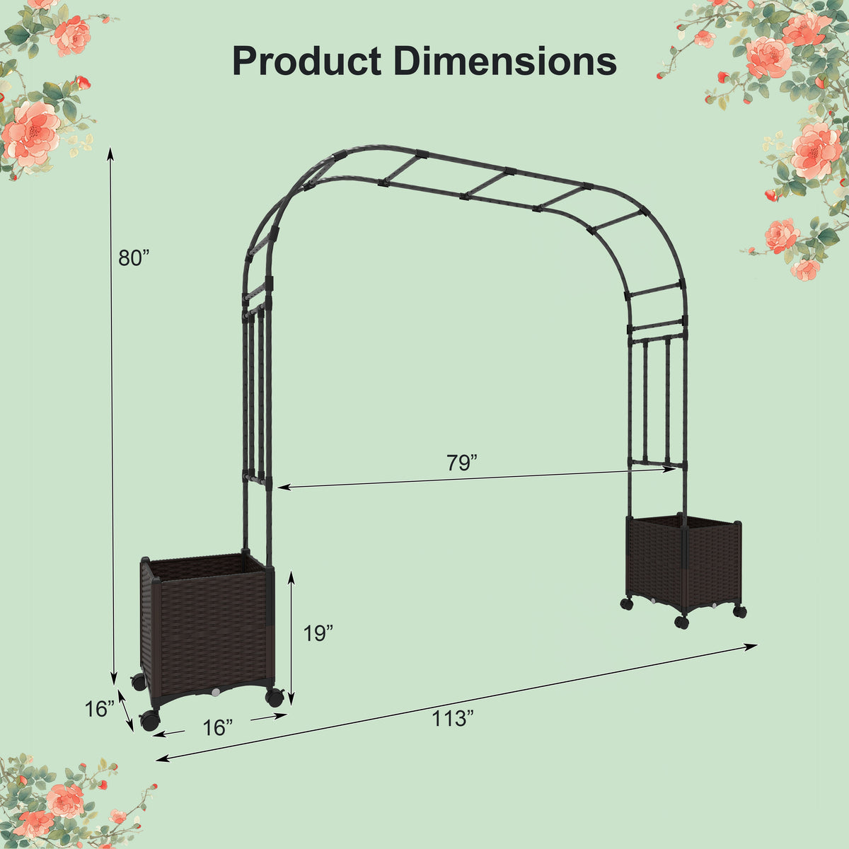 6.6 FT Garden Arch Trellis with 2 Planter Boxes, Outdoor Arbor Archway for Climbing Plants