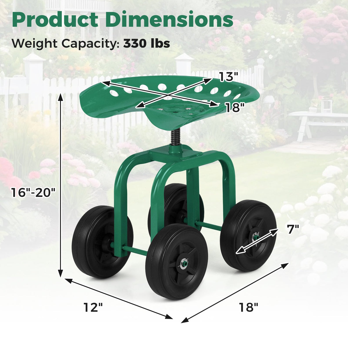 Lucktree Garden Cart, Rolling Workseat with 4 Wheels, Garden Stool 360-degree Swivel Work Seat & Adjustable Heigh