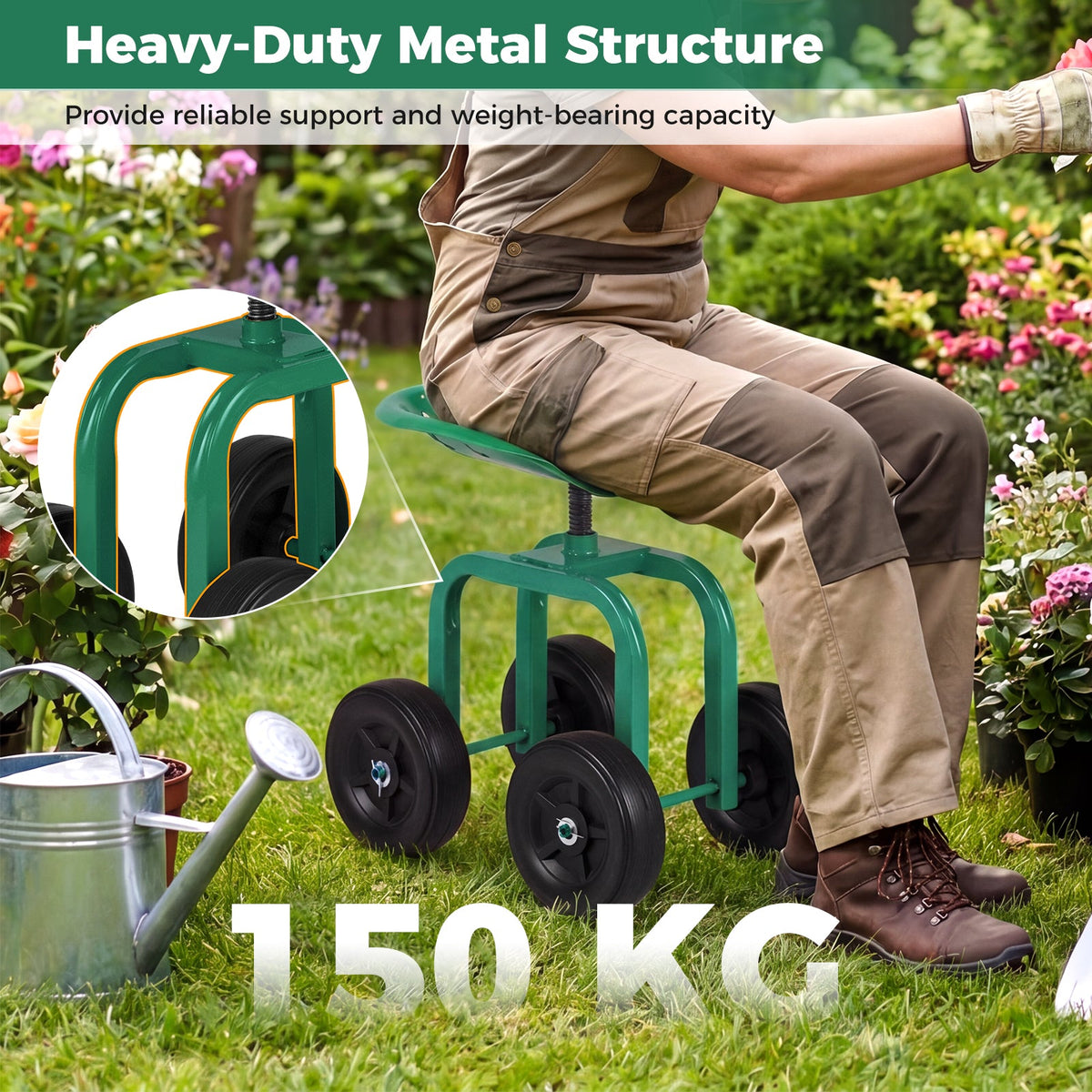 Lucktree Garden Cart, Rolling Workseat with 4 Wheels, Garden Stool 360-degree Swivel Work Seat & Adjustable Heigh