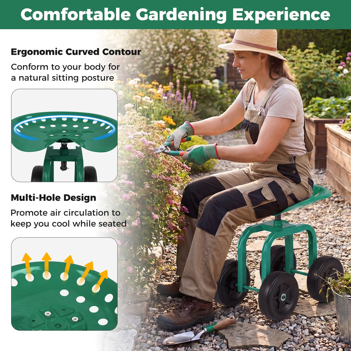 Lucktree Garden Cart, Rolling Workseat with 4 Wheels, Garden Stool 360-degree Swivel Work Seat & Adjustable Heigh