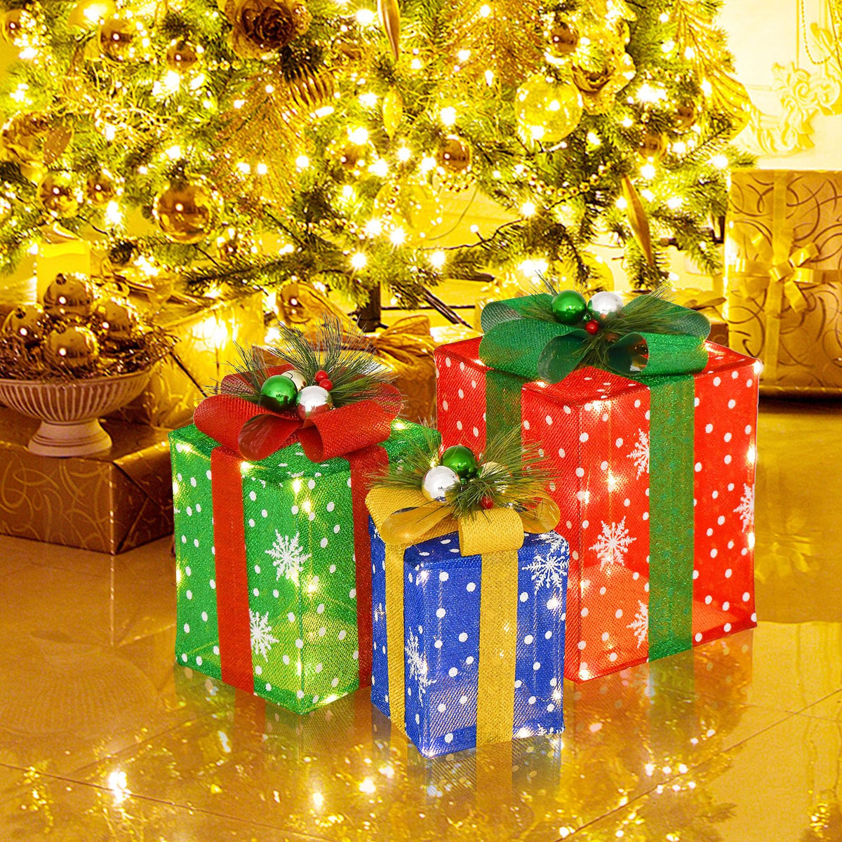 Lucktree Set of 3 Lighted Christmas Boxes Decoration, Lighted Present Boxes Set with Exquisite Boxes