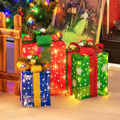 Lucktree Set of 3 Lighted Christmas Boxes Decoration, Lighted Present Boxes Set with Exquisite Boxes