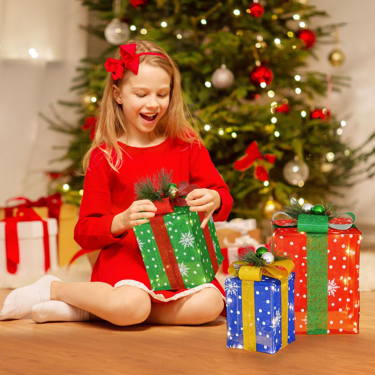 Lucktree Set of 3 Lighted Christmas Boxes Decoration, Lighted Present Boxes Set with Exquisite Boxes