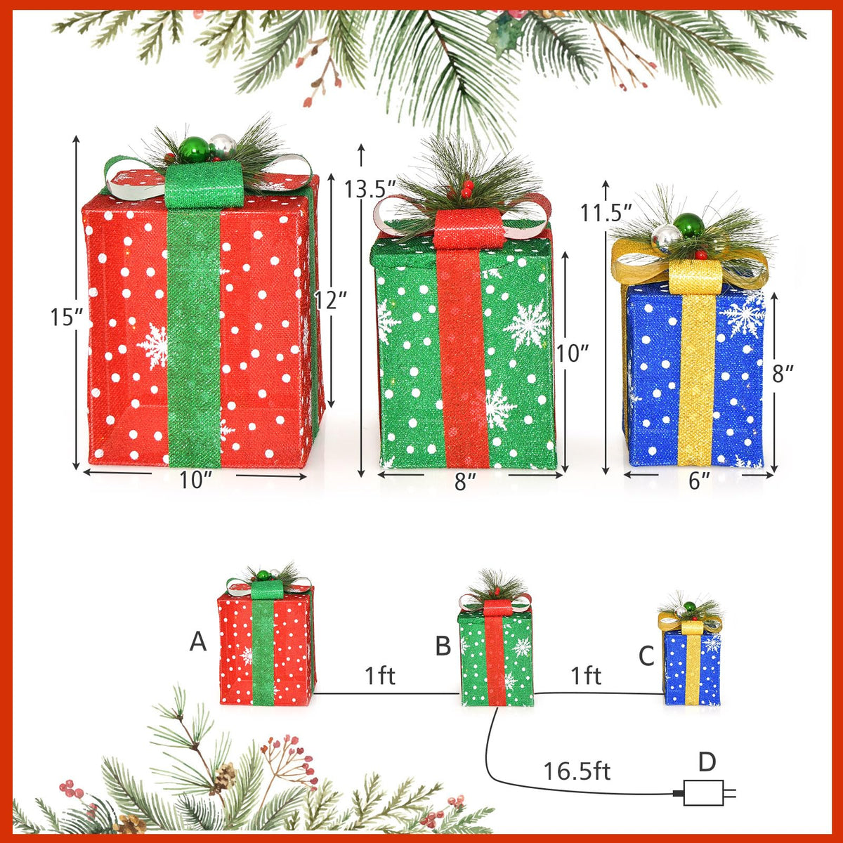Lucktree Set of 3 Lighted Christmas Boxes Decoration, Lighted Present Boxes Set with Exquisite Boxes
