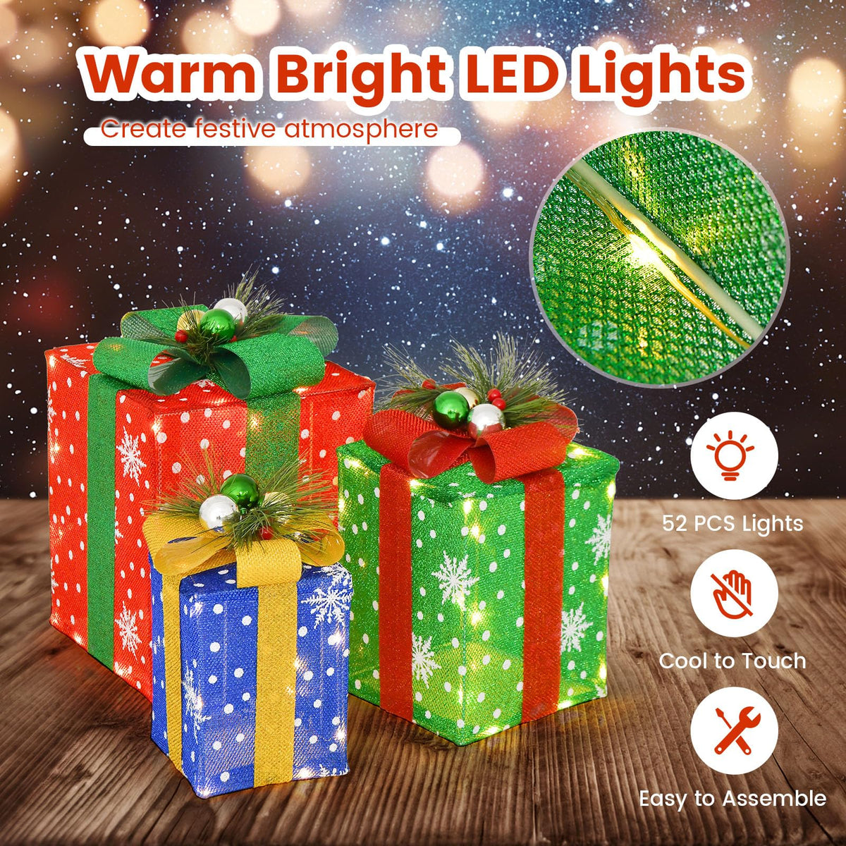 Lucktree Set of 3 Lighted Christmas Boxes Decoration, Lighted Present Boxes Set with Exquisite Boxes