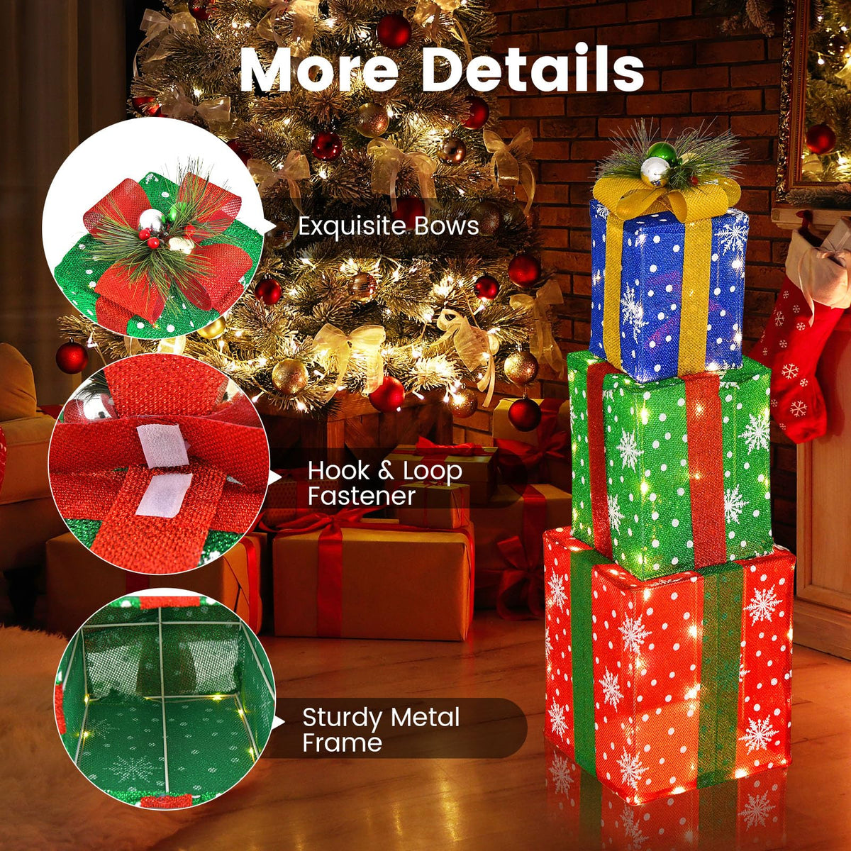 Lucktree Set of 3 Lighted Christmas Boxes Decoration, Lighted Present Boxes Set with Exquisite Boxes