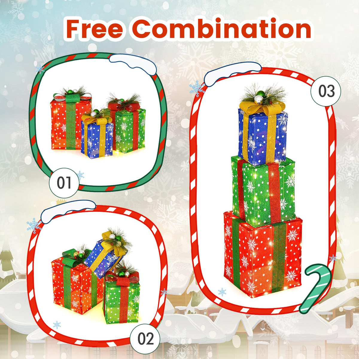 Lucktree Set of 3 Lighted Christmas Boxes Decoration, Lighted Present Boxes Set with Exquisite Boxes