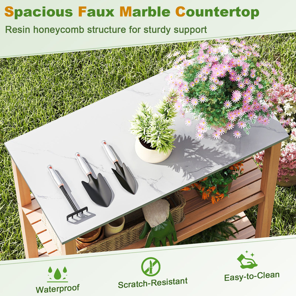 Lucktree 3 Tier Outdoor Potting Bench with Faux Marble Tabletop