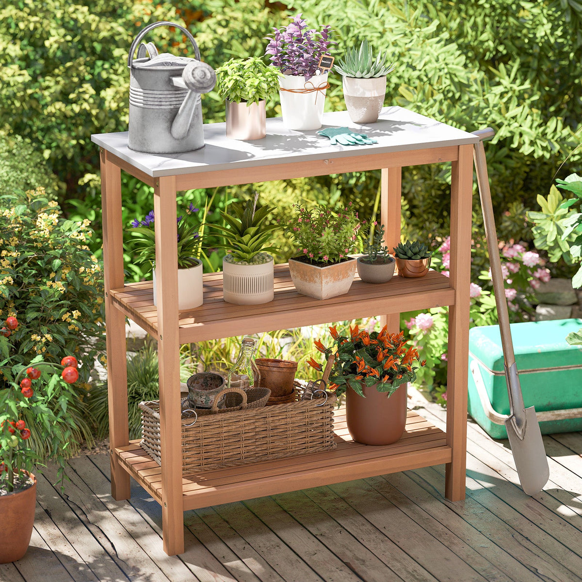 Lucktree 3 Tier Outdoor Potting Bench with Faux Marble Tabletop