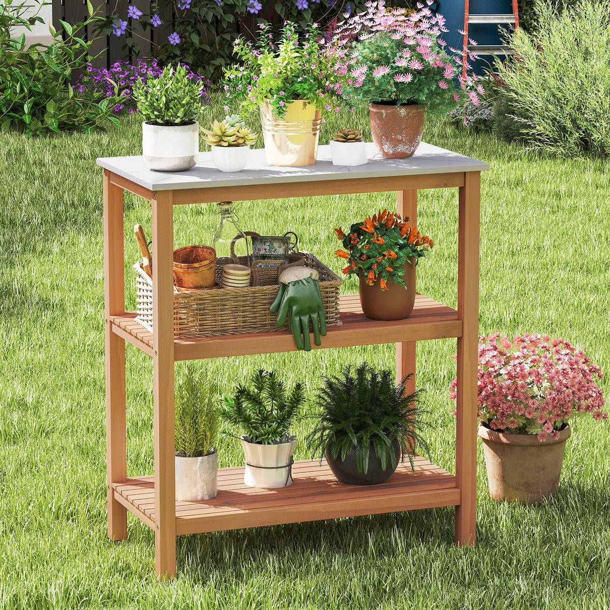 Lucktree 3 Tier Outdoor Potting Bench with Faux Marble Tabletop