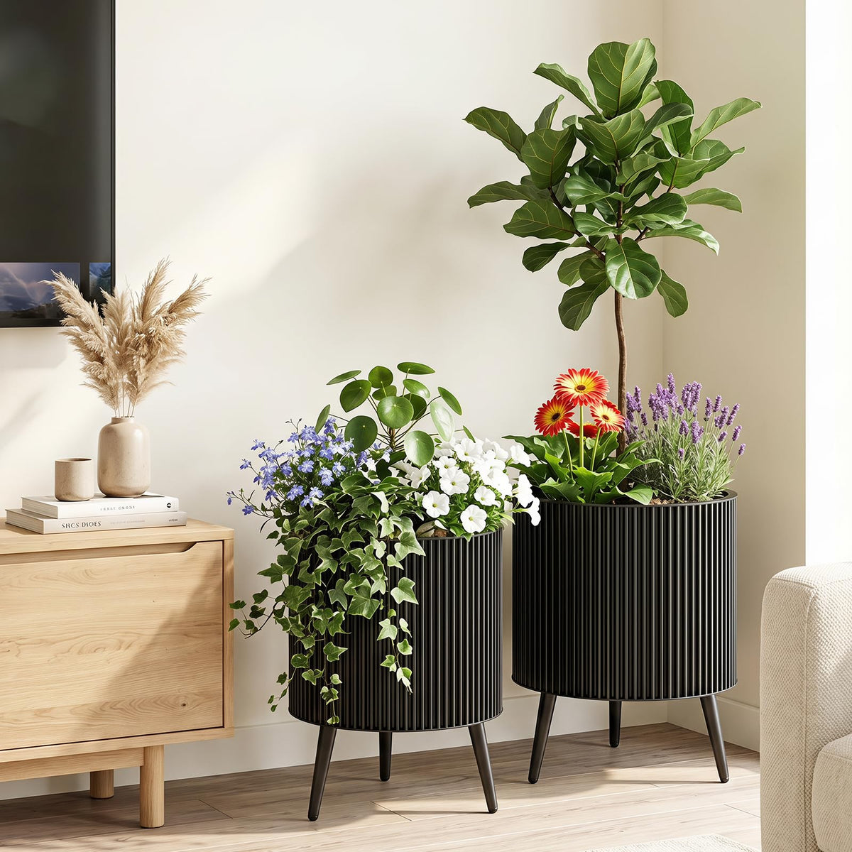 Lucktree Set of 2 Flower Pots with Stand with Drainage Holes