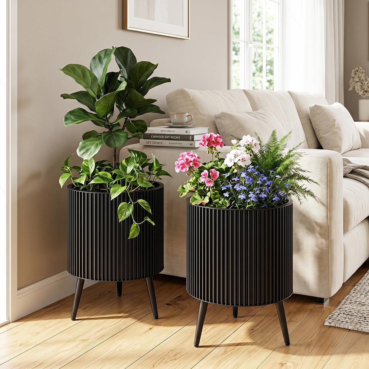 Lucktree Set of 2 Flower Pots with Stand with Drainage Holes
