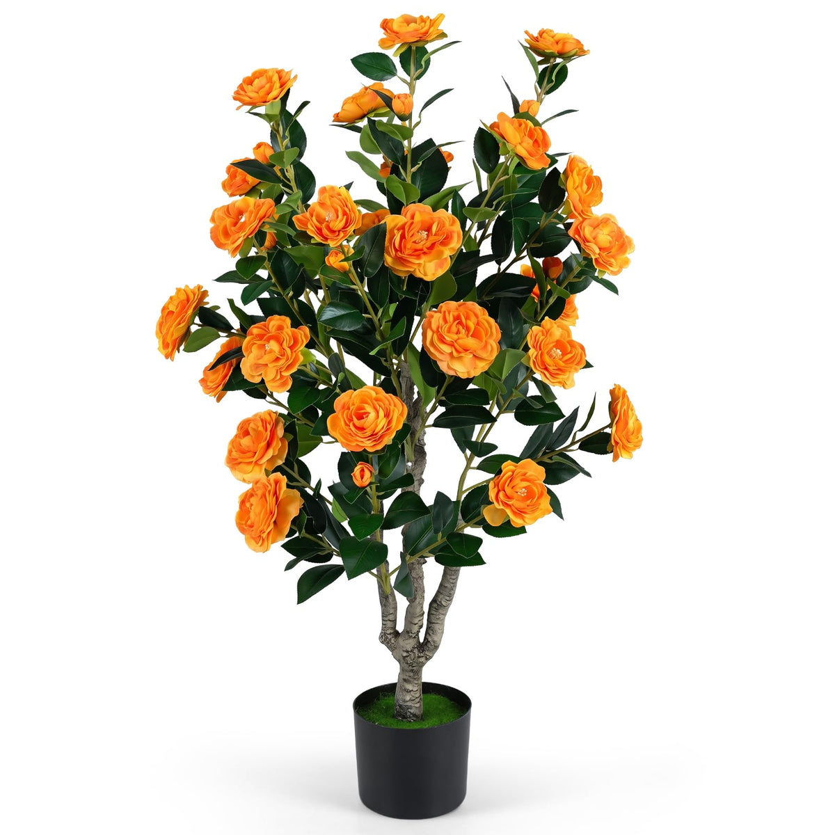 Lucktree 39.5" Artificial Camellia Tree | Faux Flower Plant Tree in Cement-Filled Pot with Blossoms