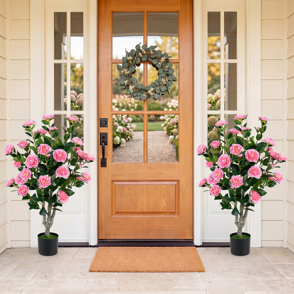 Lucktree 39.5" Artificial Camellia Tree | Faux Flower Plant Tree in Cement-Filled Pot with Blossoms