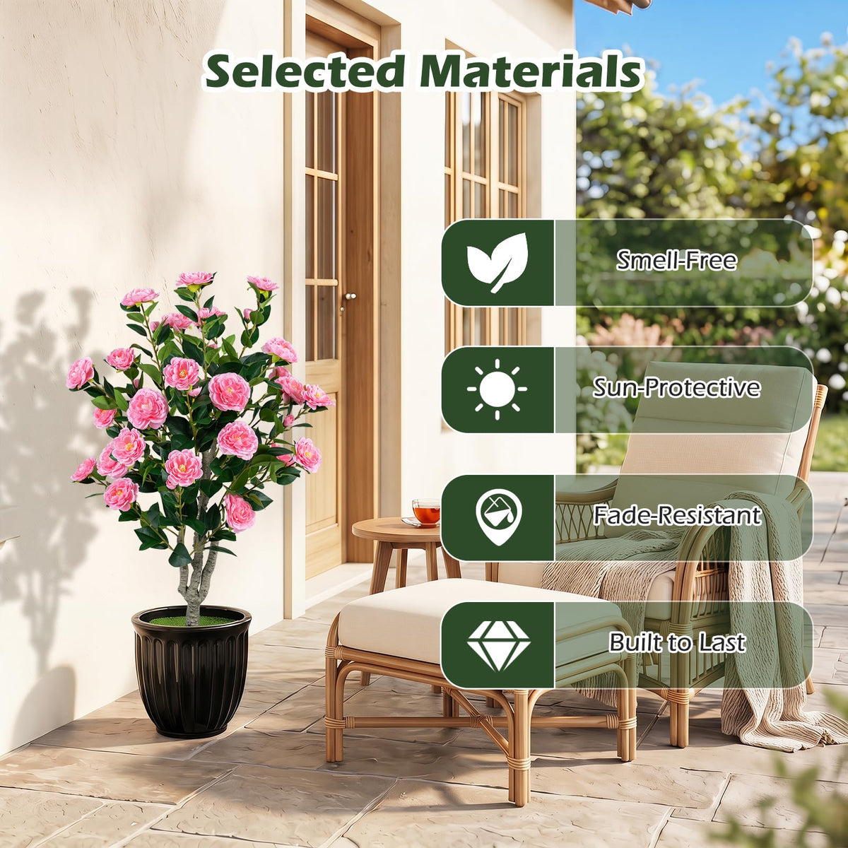 Lucktree 39.5" Artificial Camellia Tree | Faux Flower Plant Tree in Cement-Filled Pot with Blossoms