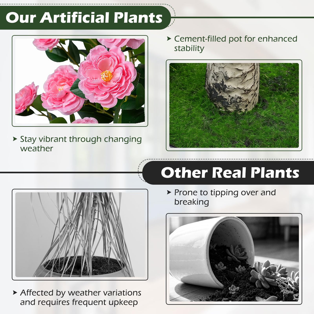 Lucktree 39.5" Artificial Camellia Tree | Faux Flower Plant Tree in Cement-Filled Pot with Blossoms