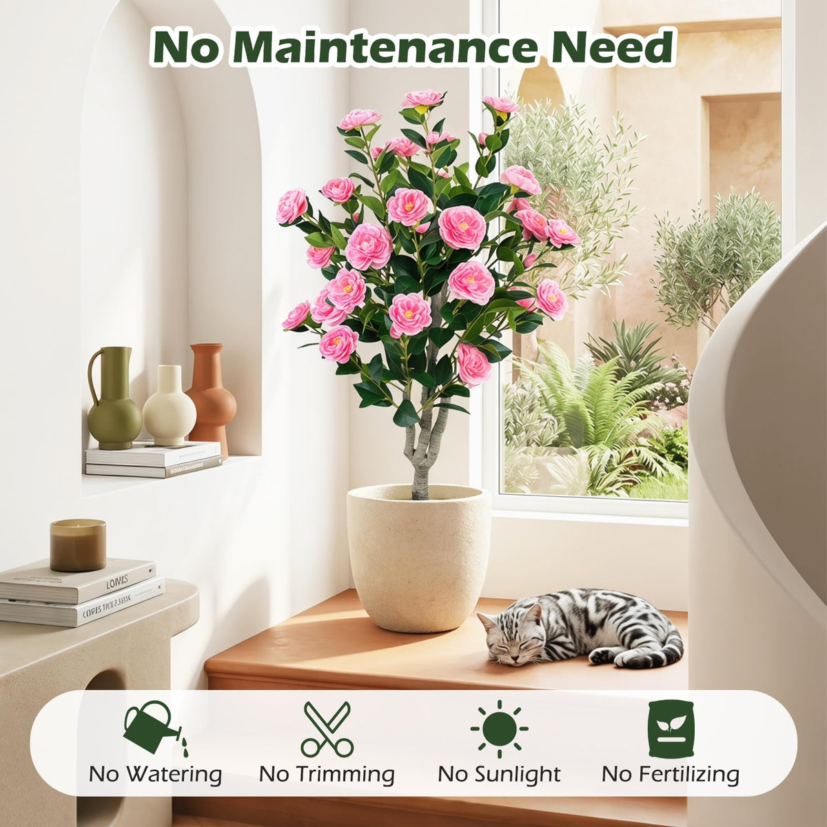 Lucktree 39.5" Artificial Camellia Tree | Faux Flower Plant Tree in Cement-Filled Pot with Blossoms