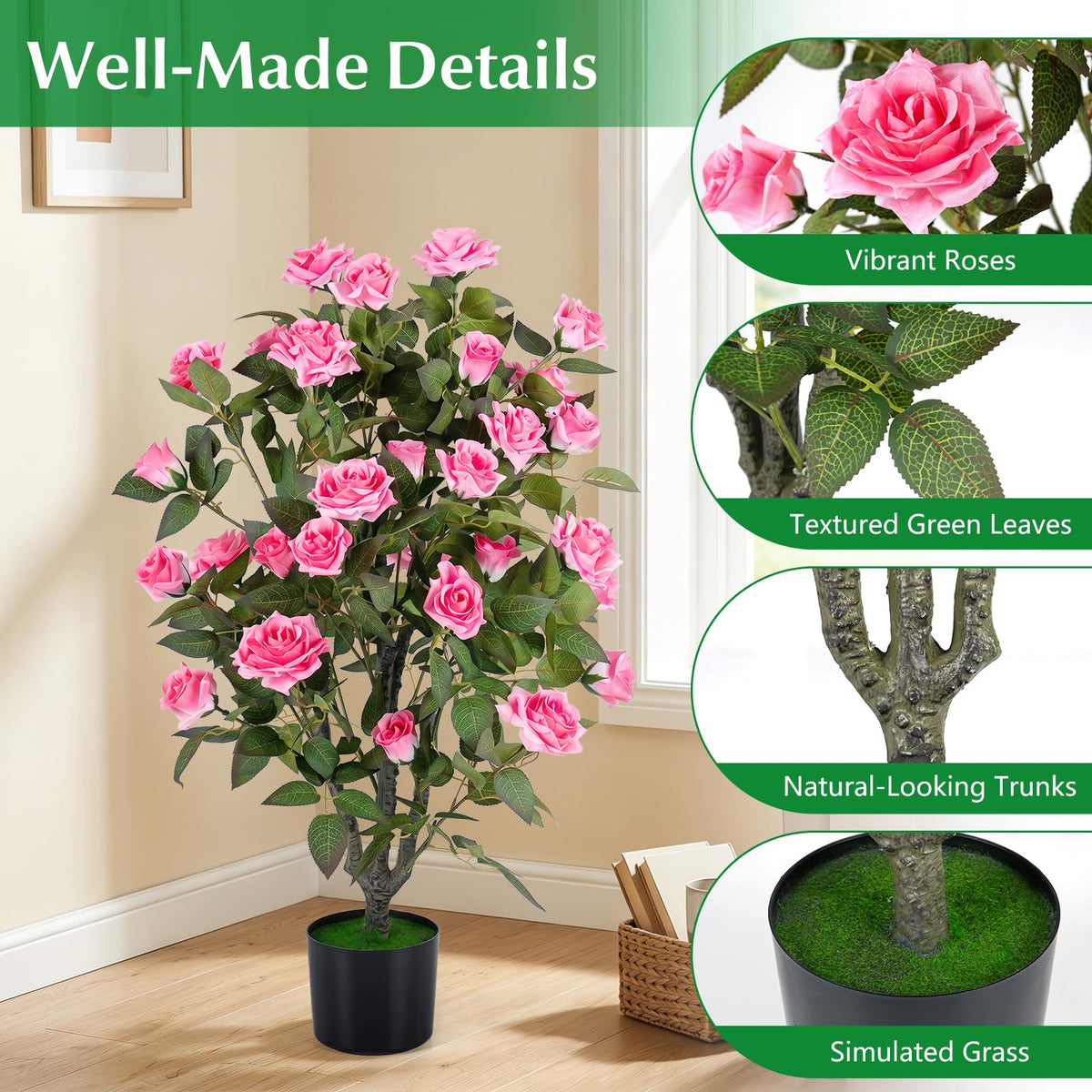 Lucktree 35.5" Artificial Rose Tree with 32 Blooming Flowers | Free Maintenance