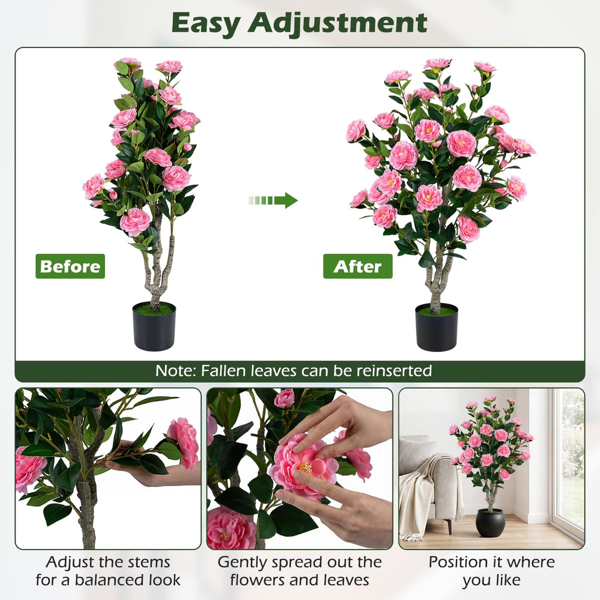 Lucktree 39.5" Artificial Camellia Tree | Faux Flower Plant Tree in Cement-Filled Pot with Blossoms