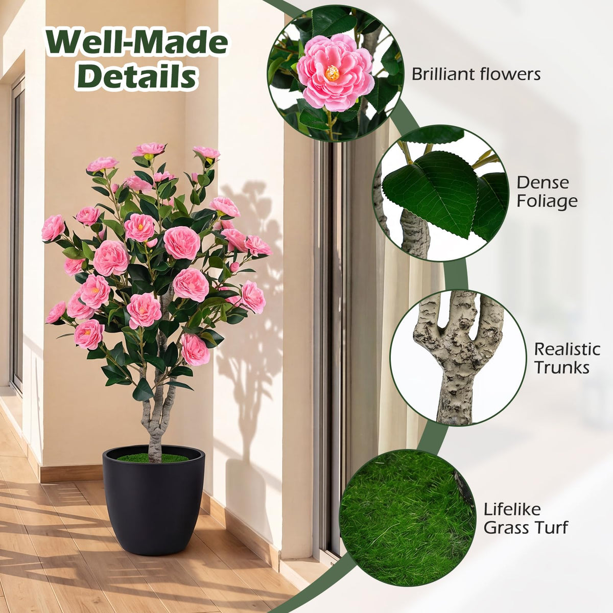 Lucktree 39.5" Artificial Camellia Tree | Faux Flower Plant Tree in Cement-Filled Pot with Blossoms