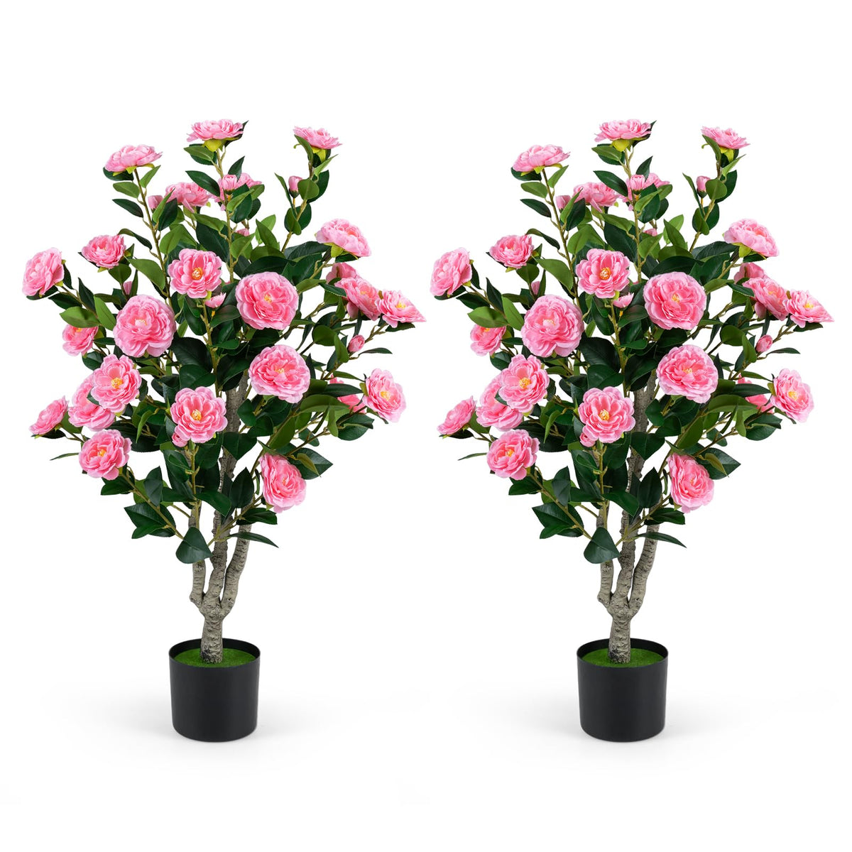 Lucktree 39.5" Artificial Camellia Tree | Faux Flower Plant Tree in Cement-Filled Pot with Blossoms