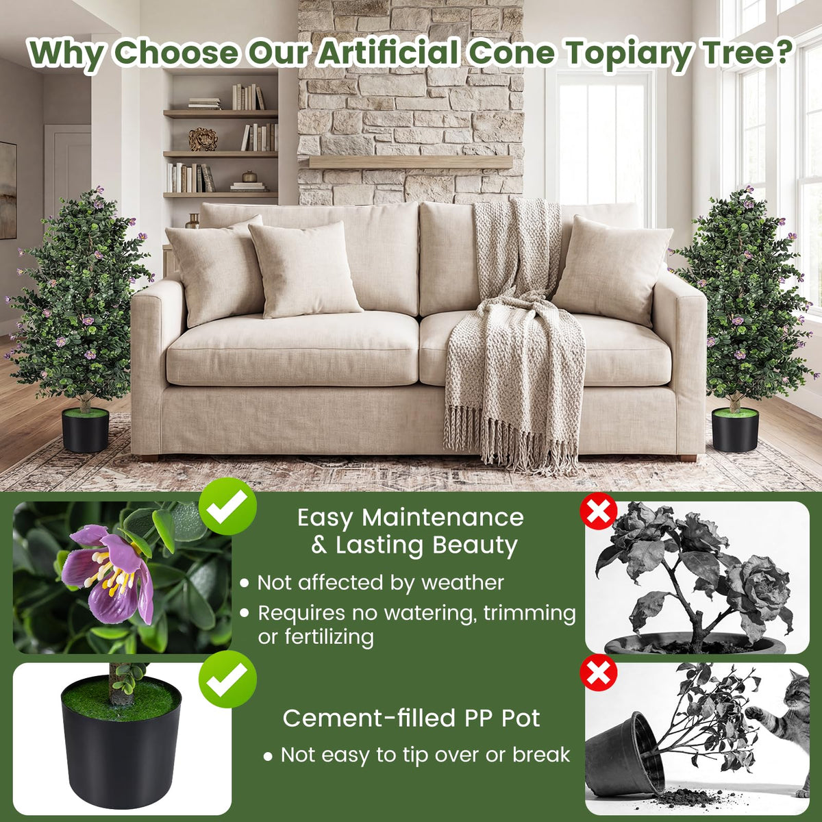 Lucktree 2 Pack 36" Artificial Topiary Cone Tree w/49 Flowers
