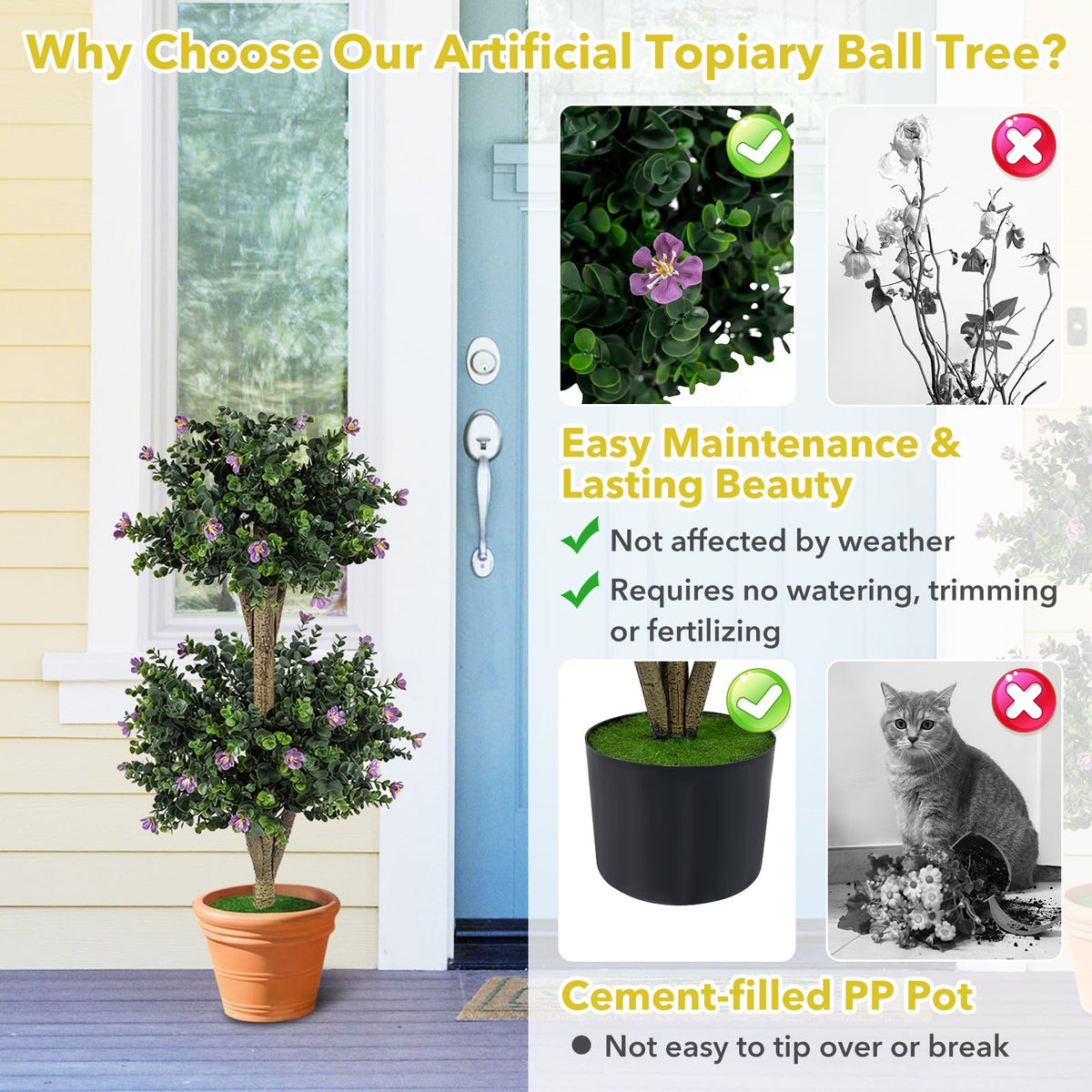 Lucktree 3 FT Artificial Double Ball Boxwood Topiary Trees Set of 2 for Porch Home Decoration