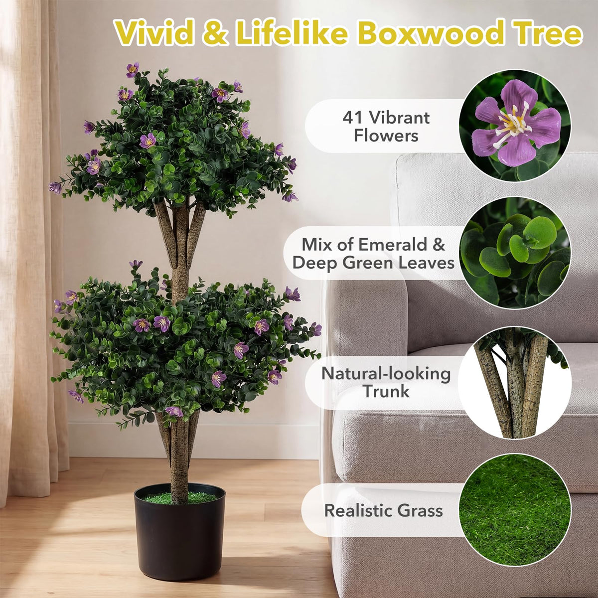Lucktree 3 FT Artificial Double Ball Boxwood Topiary Trees Set of 2 for Porch Home Decoration