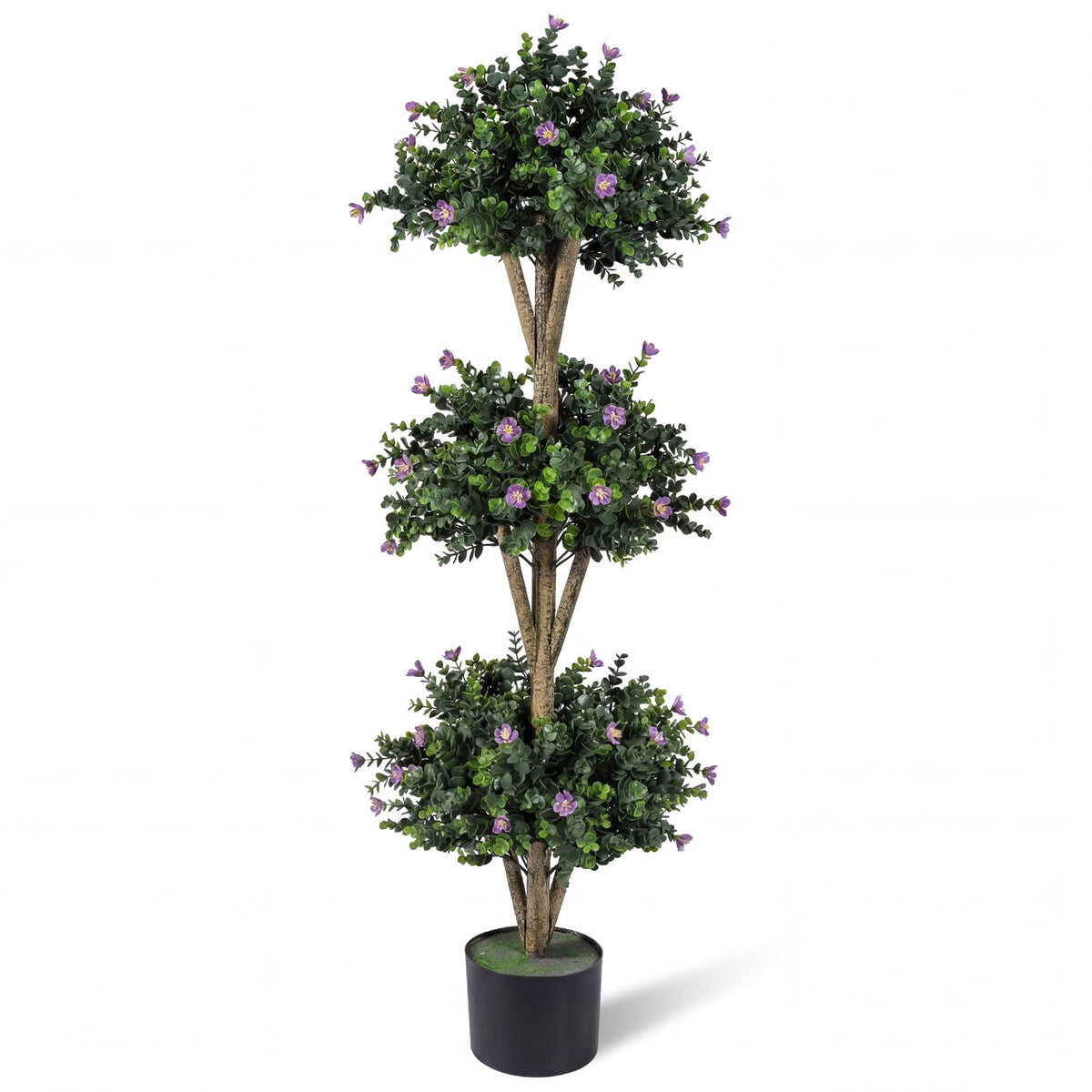 Lucktree 51" Artificial Triple Ball Boxwood Topiary Tree with 59 Blossoms & Cement-Filled Plastic Pot