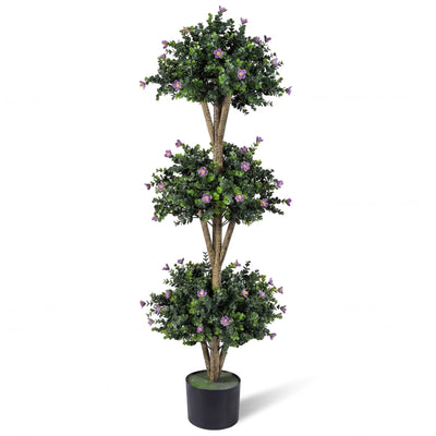 Lucktree 51" Artificial Triple Ball Boxwood Topiary Tree with 59 Blossoms & Cement-Filled Plastic Pot