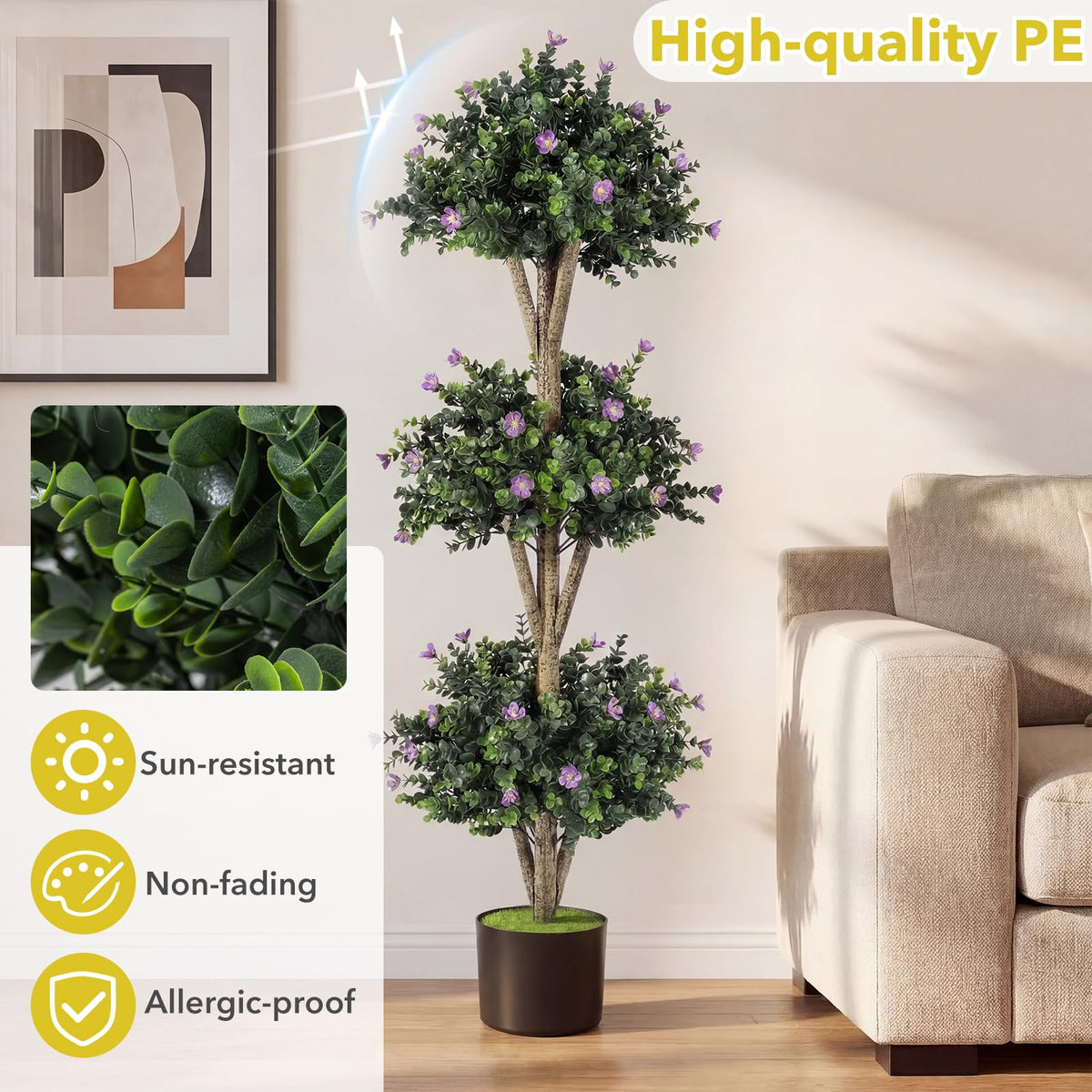 Lucktree 51" Artificial Triple Ball Boxwood Topiary Tree with 59 Blossoms & Cement-Filled Plastic Pot