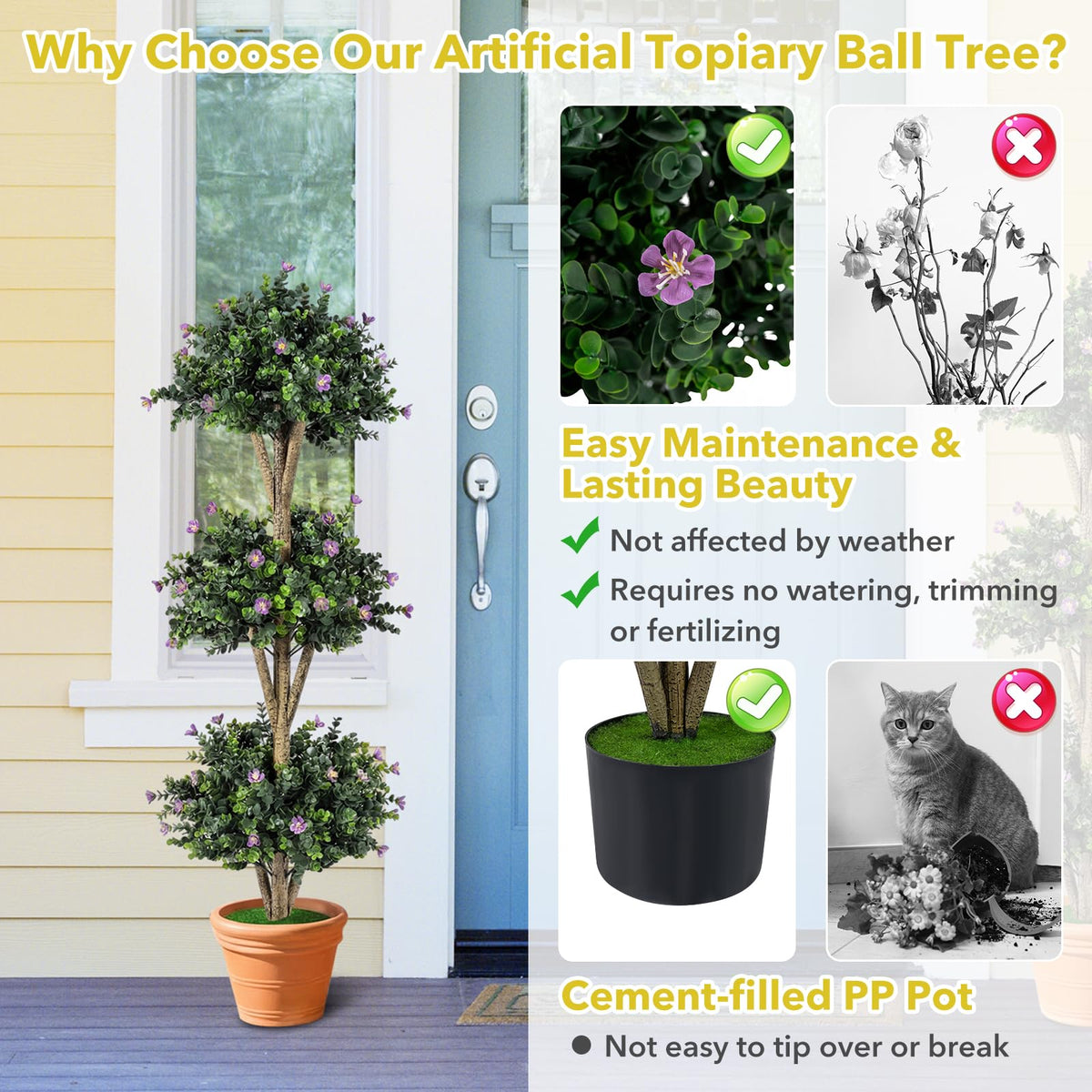 Lucktree 51" Artificial Triple Ball Boxwood Topiary Tree with 59 Blossoms & Cement-Filled Plastic Pot