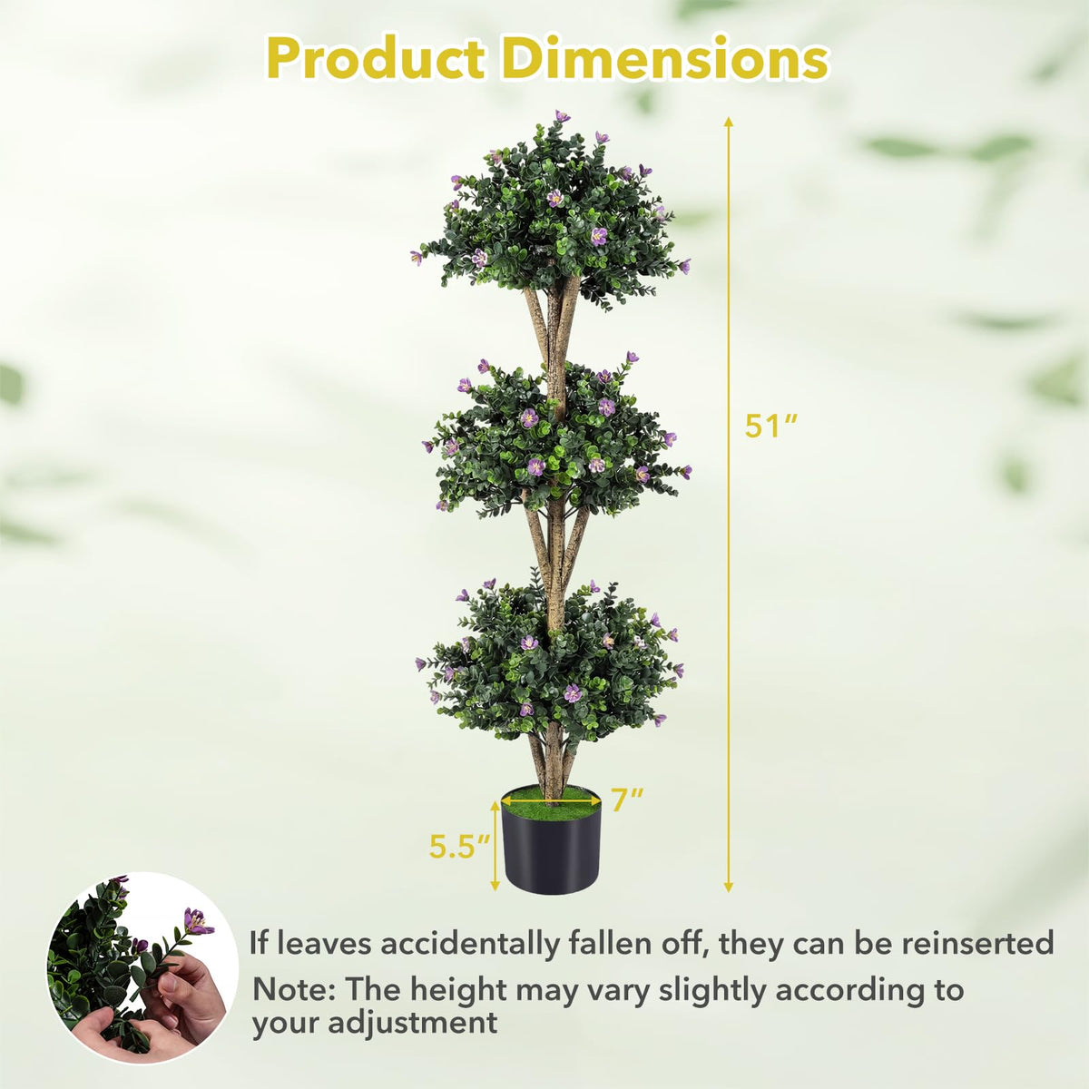 Lucktree 51" Artificial Triple Ball Boxwood Topiary Tree with 59 Blossoms & Cement-Filled Plastic Pot