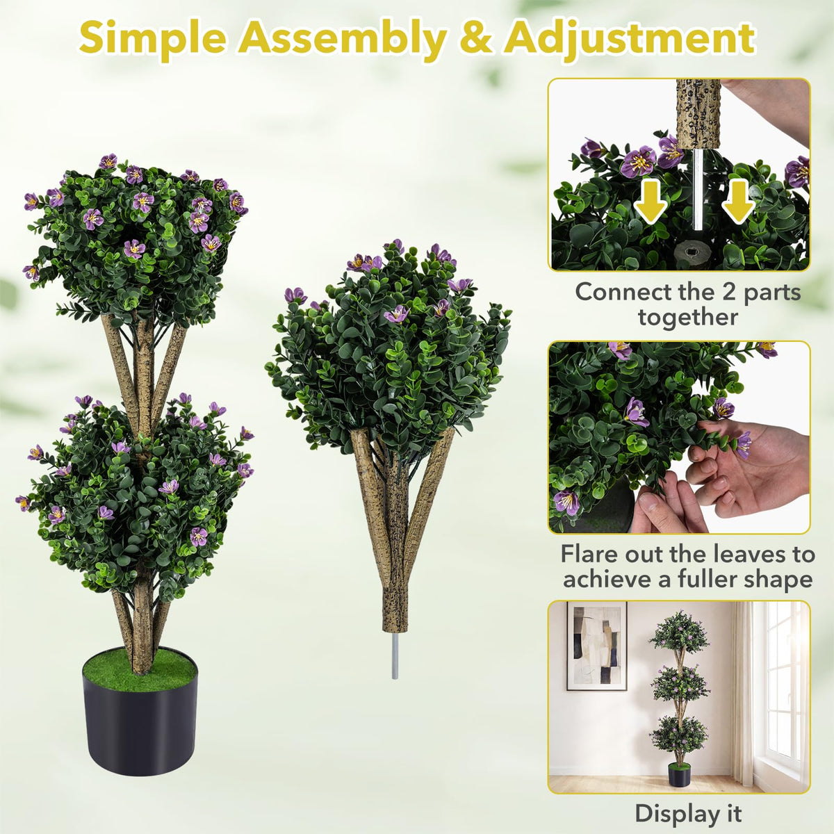 Lucktree 51" Artificial Triple Ball Boxwood Topiary Tree with 59 Blossoms & Cement-Filled Plastic Pot