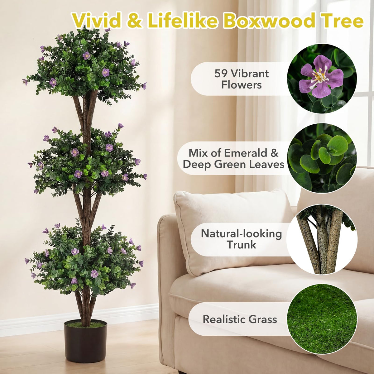 Lucktree 51" Artificial Triple Ball Boxwood Topiary Tree with 59 Blossoms & Cement-Filled Plastic Pot