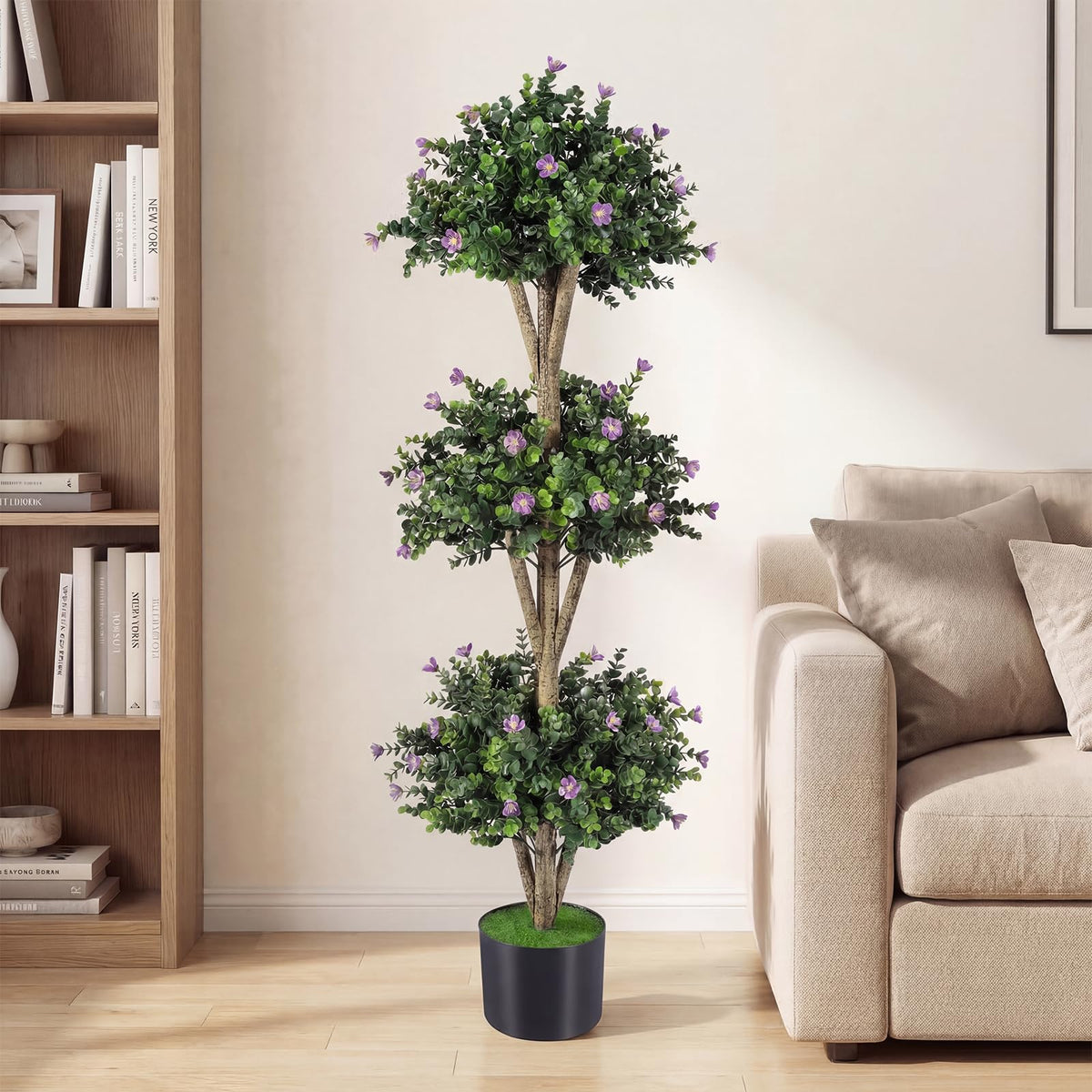 Lucktree 51" Artificial Triple Ball Boxwood Topiary Tree with 59 Blossoms & Cement-Filled Plastic Pot