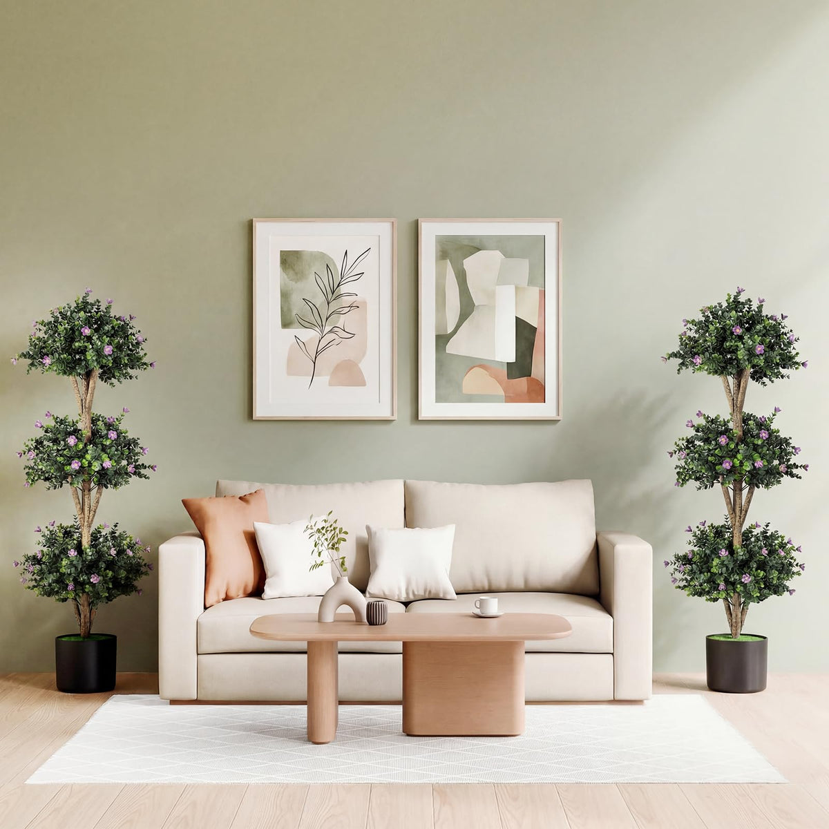 Lucktree 51" Artificial Triple Ball Boxwood Topiary Tree with 59 Blossoms & Cement-Filled Plastic Pot