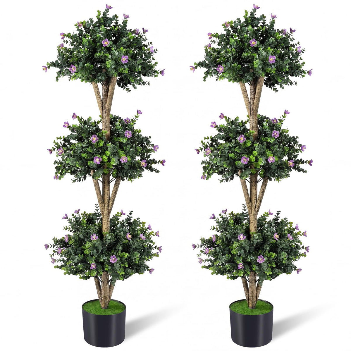 Lucktree 51" Artificial Triple Ball Boxwood Topiary Tree with 59 Blossoms & Cement-Filled Plastic Pot