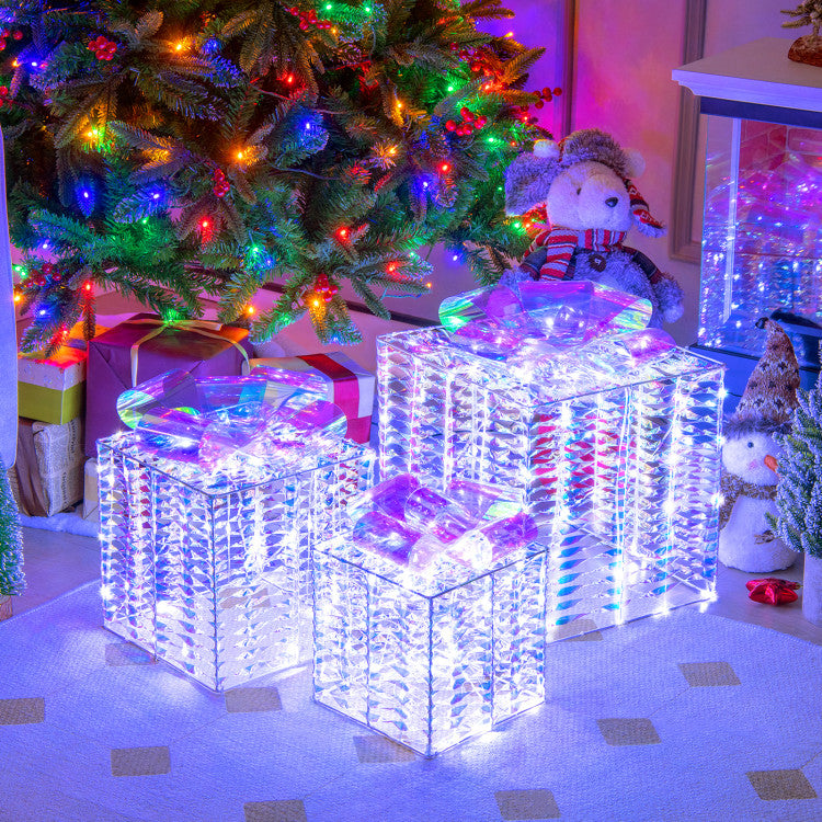 Lucktree Set of 3 Christmas Iridescent Box, 156 Cold White LED Lighted Present Boxes with Iridescent Bows