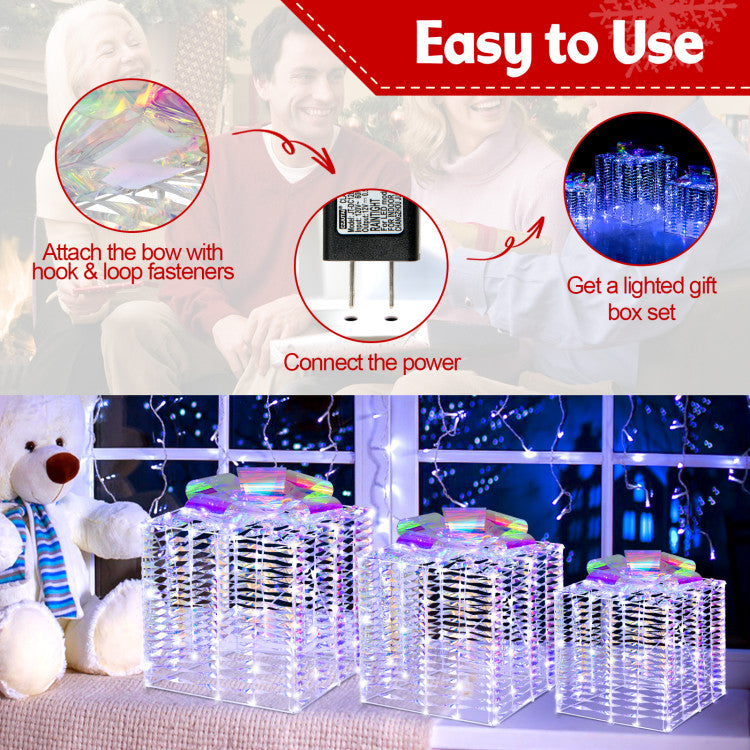 Lucktree Set of 3 Christmas Iridescent Box, 156 Cold White LED Lighted Present Boxes with Iridescent Bows