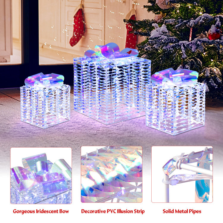 Lucktree Set of 3 Christmas Iridescent Box, 156 Cold White LED Lighted Present Boxes with Iridescent Bows