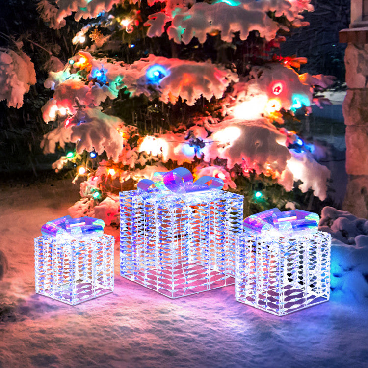 Lucktree Set of 3 Christmas Iridescent Box, 156 Cold White LED Lighted Present Boxes with Iridescent Bows