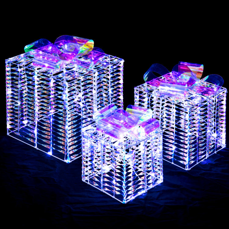 Lucktree Set of 3 Christmas Iridescent Box, 156 Cold White LED Lighted Present Boxes with Iridescent Bows