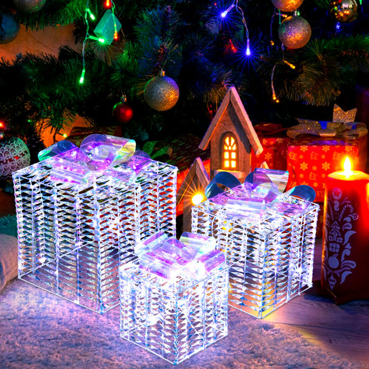 Lucktree Set of 3 Christmas Iridescent Box, 156 Cold White LED Lighted Present Boxes with Iridescent Bows