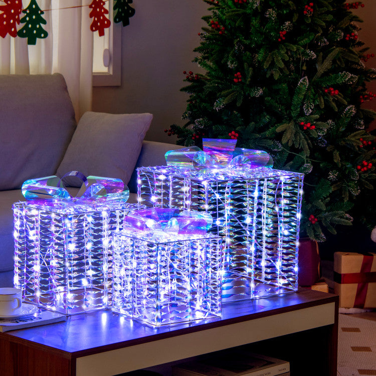 Lucktree Set of 3 Christmas Iridescent Box, 156 Cold White LED Lighted Present Boxes with Iridescent Bows