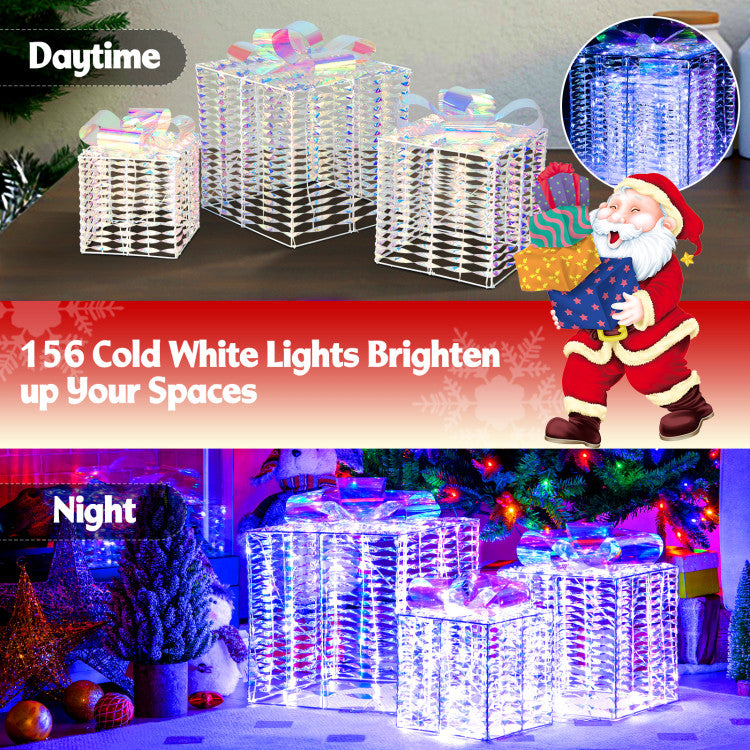 Lucktree Set of 3 Christmas Iridescent Box, 156 Cold White LED Lighted Present Boxes with Iridescent Bows