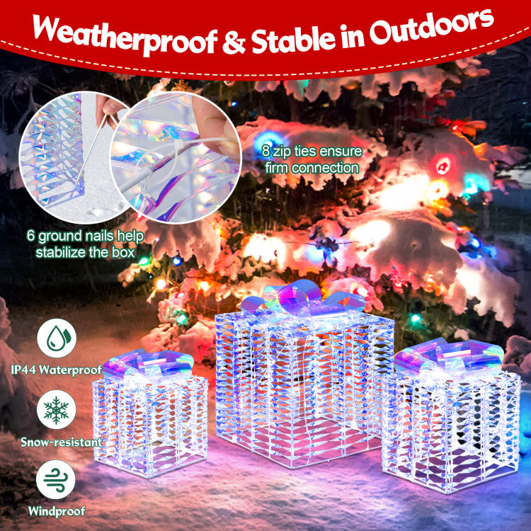 Lucktree Set of 3 Christmas Iridescent Box, 156 Cold White LED Lighted Present Boxes with Iridescent Bows