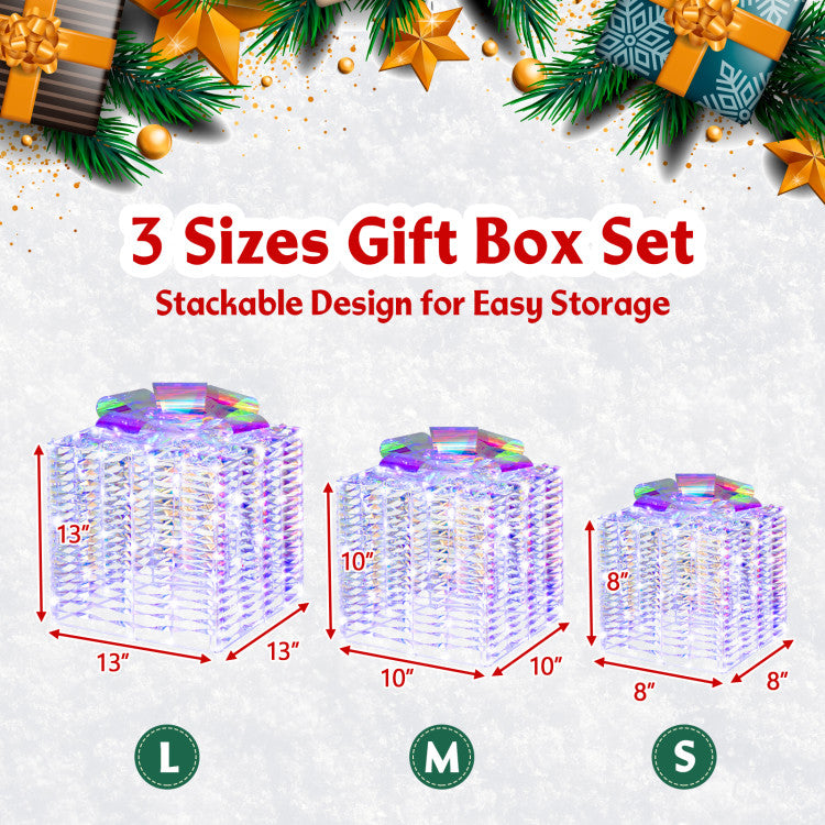 Lucktree Set of 3 Christmas Iridescent Box, 156 Cold White LED Lighted Present Boxes with Iridescent Bows