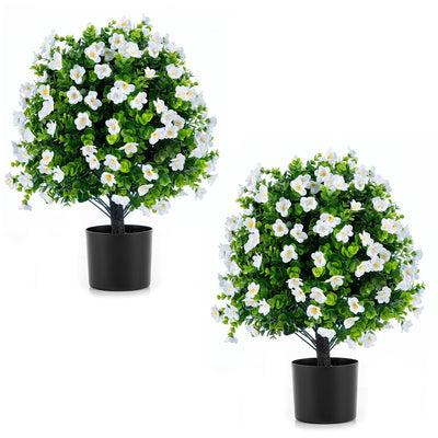 Lucktree 2 Pack Artificial Eucalyptus Topiary Ball Trees w/Flowers & Cement Filled Planter
